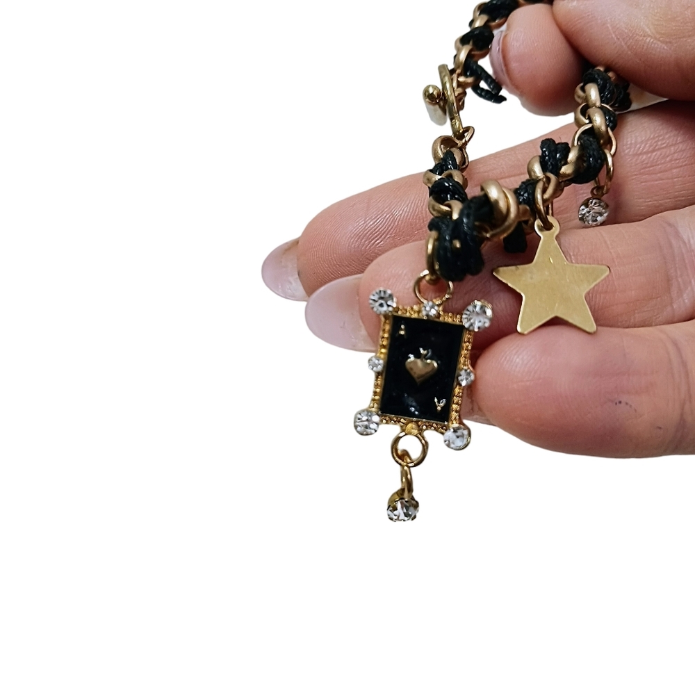 Chain Bracelet Ace of Spade Charm  Black Leather Simulated Diamonds Gold Stars - Picture 2 of 7